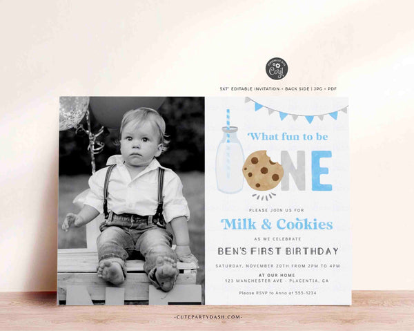 Blue Minimal Milk and Cookies First Birthday Photo invitation - Digital Download