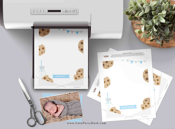 Milk and Cookies Birthday Monthly Photo Banner, INSTANT DOWNLOAD, EDITABLE Minimalist Blue White Printable milestone, Garland, Corjl 526