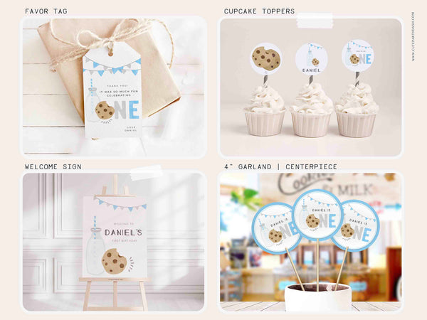 Minimal Milk and Cookies Birthday Party Decor Bundle INSTANT DOWNLOAD EDITABLE Blue Printable Milk & Cookies First Birthday decorations 526