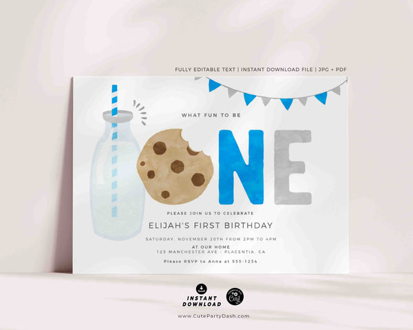 Minimal Milk and Cookies Birthday invitation, INSTANT DOWNLOAD, EDITABLE Minimalist Royal Blue Printable Milk & Cookies Corjl invite 526