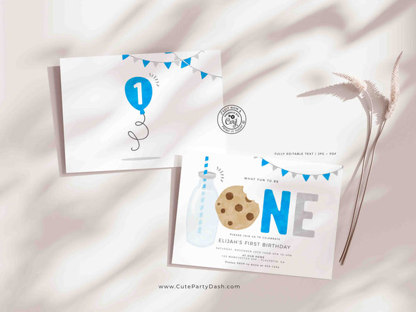 Minimal Milk and Cookies Birthday invitation, INSTANT DOWNLOAD, EDITABLE Minimalist Royal Blue Printable Milk & Cookies Corjl invite 526