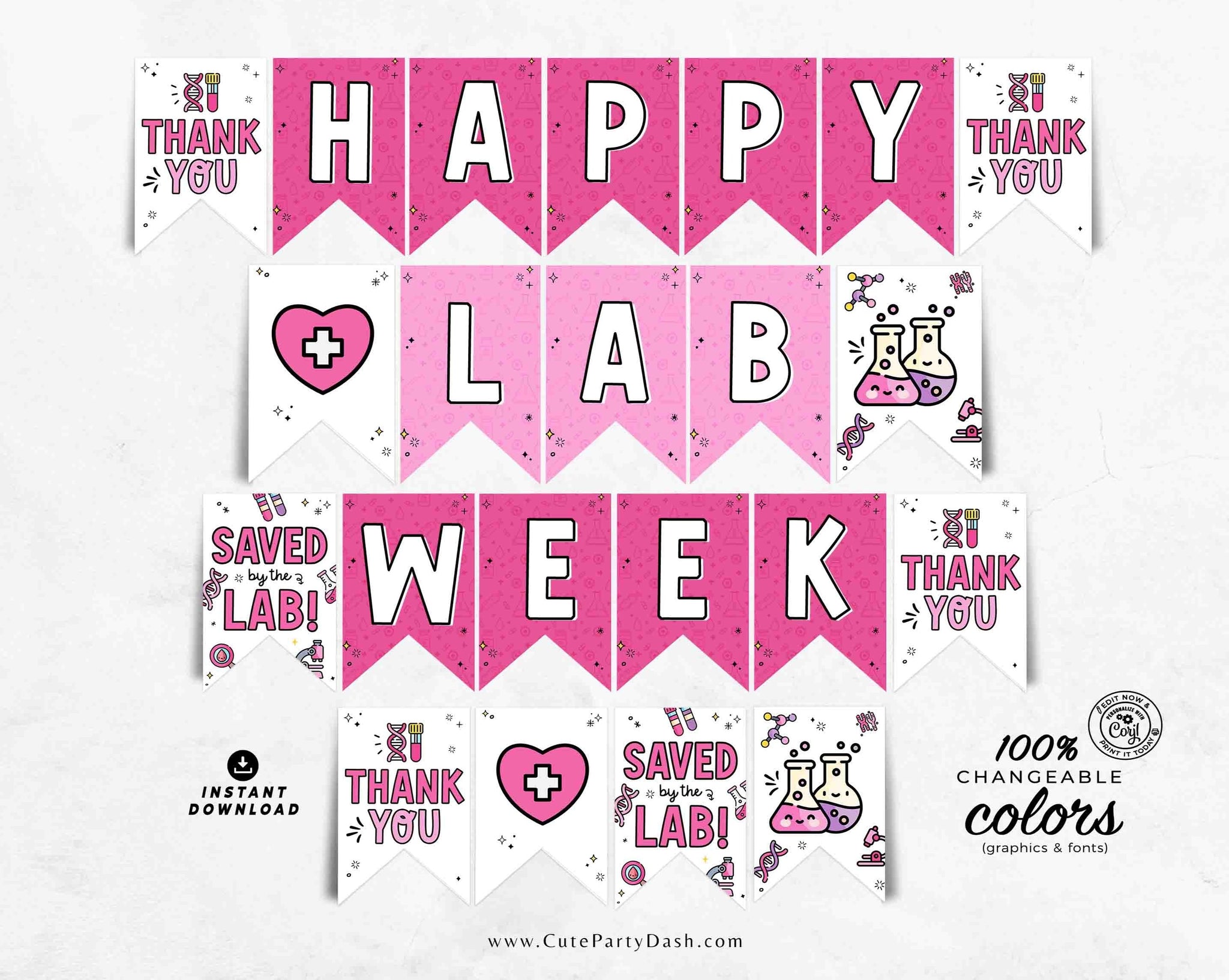 Pink Lab Week Banner Printable INSTANT DOWNLOAD Editable Medical Laboratory professionals Appreciation Bunting Decor Happy Lab Week gifts