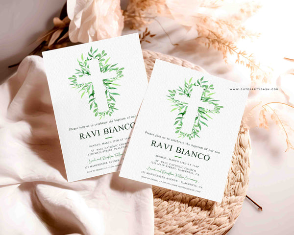 Eucalyptus Baptism Invitation Printable INSTANT DOWNLOAD, Editable Greenery Baptism Invite, Christening invitation Template Boy Girl BP013
