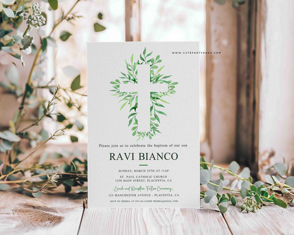 Eucalyptus Baptism Invitation Printable INSTANT DOWNLOAD, Editable Greenery Baptism Invite, Christening invitation Template Boy Girl BP013