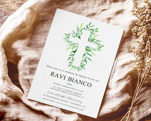 Eucalyptus Baptism Invitation Printable INSTANT DOWNLOAD, Editable Greenery Baptism Invite, Christening invitation Template Boy Girl BP013