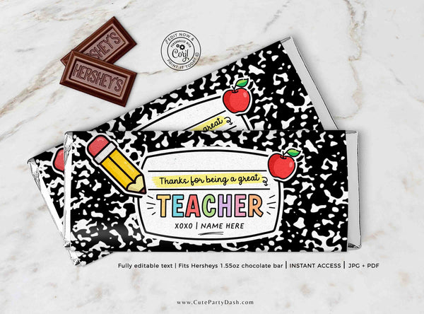 Thank You Gift Chocolate Bar Wrapper INSTANT DOWNLOAD Teacher Week Appreciation Gift Idea Coach Staff Printable Candy Bar Wrappers Editable
