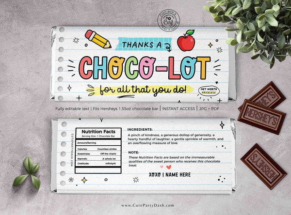 Thanks a Choco-lot for all you do Chocolate Bar Wrapper INSTANT DOWNLOAD Teacher Appreciation Week Gift Idea Coach Staff Printable Candy Bar