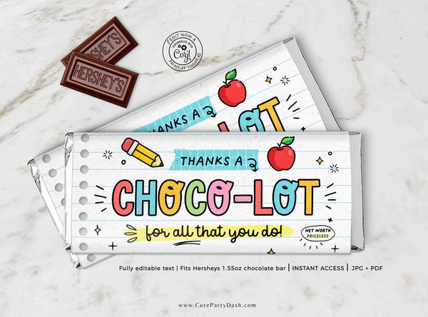 Thanks a Choco-lot for all you do Chocolate Bar Wrapper INSTANT DOWNLOAD Teacher Appreciation Week Gift Idea Coach Staff Printable Candy Bar