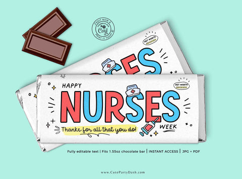 Nurses Week Chocolate Bar Wrapper INSTANT DOWNLOAD Gift for Nurse Appreciation Printable Thank you Candy Bar Wrappers Editable Medical Care