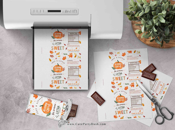 Autumn Treat Chocolate Wrapper INSTANT DOWNLOAD Fall Appreciation Gift EDITABLE Candy Bar Label Thanksgiving Company Staff Teacher pta pto