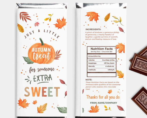 Autumn Treat Chocolate Wrapper INSTANT DOWNLOAD Fall Appreciation Gift EDITABLE Candy Bar Label Thanksgiving Company Staff Teacher pta pto