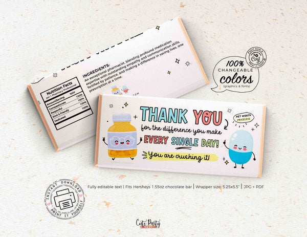 Pharmacy Week Appreciation Gift Idea INSTANT DOWNLOAD Printable RX Pharmacy Team Candy Bar Wrappers Editable Thank You Gift Pharmacy Techs