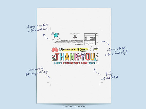 Respiratory Therapist Appreciation Gift Idea INSTANT DOWNLOAD Printable RT Thank you Candy Bar Wrappers Editable Respiratory Care Week Gift