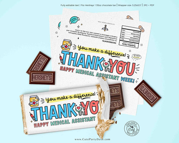 Medical Assistant Week Gift Idea INSTANT DOWNLOAD Printable MA Appreciation Week Thank you Chocolate Favor Candy Bar Wrappers Editable