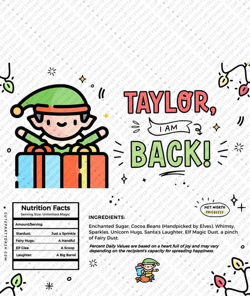 Christmas Elf I'm Back Chocolate Wrapper Printable INSTANT DOWNLOAD Editable Christmas Elf treat kit chocolate Candy bar label template FECH