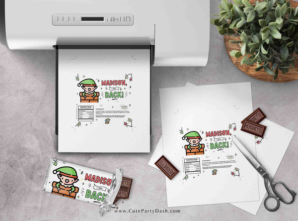 Christmas Elf I'm Back Chocolate Wrapper Printable INSTANT DOWNLOAD Editable Christmas Elf treat kit chocolate Candy bar label template FECH