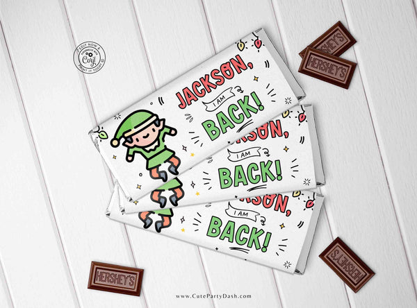 Christmas Elf I'm Back Chocolate Wrapper Printable INSTANT DOWNLOAD Editable Christmas Elf treat kit chocolate Candy bar label template FECH