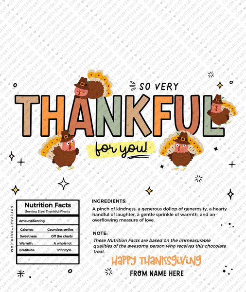 Thankful for you Chocolate Wrapper INSTANT DOWNLOAD Fall Appreciation Gift EDITABLE Candy Bar Label Thanksgiving Company Staff Teacher pto