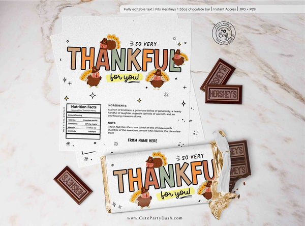 Thankful for you Chocolate Wrapper INSTANT DOWNLOAD Fall Appreciation Gift EDITABLE Candy Bar Label Thanksgiving Company Staff Teacher pto