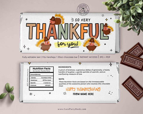 Thankful for you Chocolate Wrapper INSTANT DOWNLOAD Fall Appreciation Gift EDITABLE Candy Bar Label Thanksgiving Company Staff Teacher pto