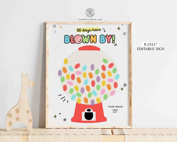 Editable 100th Day of School Handrpint Classroom Activity Printable INSTANT DOWNLOAD 100 Days of School Blown By Fingerprint craft Gumball