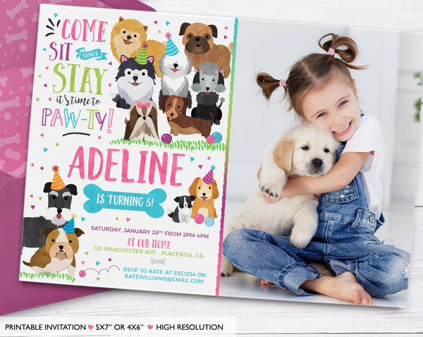 Puppy Birthday Photo Invitation Girl Pet adoption Pink Purple Doggy Dog Adoption Digital corjl Invitation 468