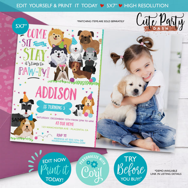 Puppy Birthday Photo Invitation Girl Pet adoption Pink Purple Doggy Dog Adoption Digital corjl Invitation 468