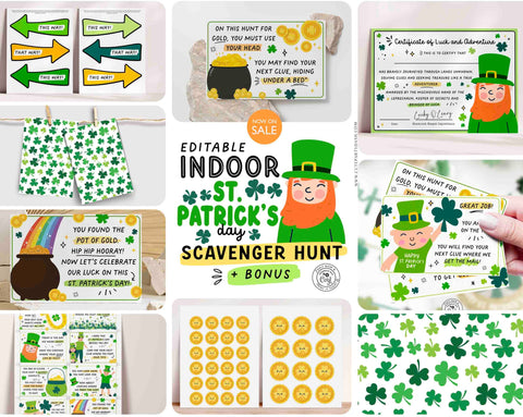 Indoor St Patrick's Day Scavenger Hunt Printable Bundle INSTANT DOWNLOAD Editable Leprechaun St Patricks Game for Kids Treasure Hunt Clues