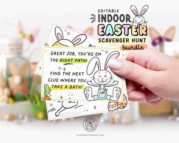Indoor Easter Egg Hunt Printable Bundle INSTANT DOWNLOAD Editable Easter Scavenger Hunt Game for Kids Activity Treasure Hunt Clues Bunny