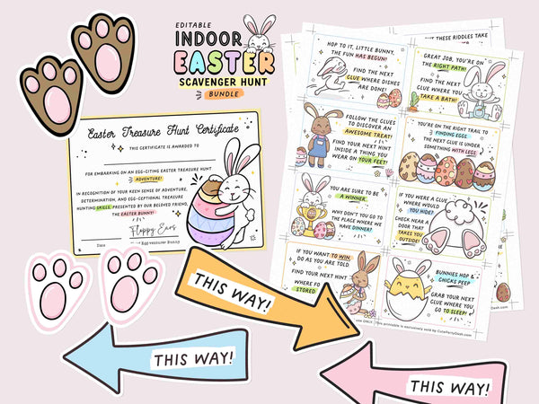 Indoor Easter Egg Hunt Printable Bundle INSTANT DOWNLOAD Editable Easter Scavenger Hunt Game for Kids Activity Treasure Hunt Clues Bunny