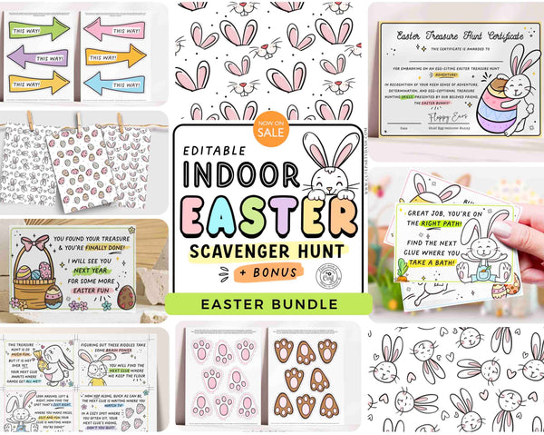 Indoor Easter Egg Hunt Printable Bundle INSTANT DOWNLOAD Editable Easter Scavenger Hunt Game for Kids Activity Treasure Hunt Clues Bunny