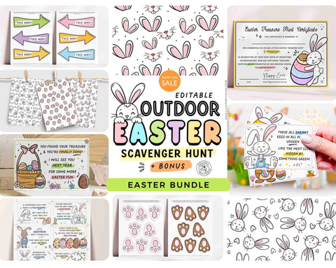 Outdoor Easter Egg Hunt Printable Bundle INSTANT DOWNLOAD Editable Easter Scavenger Hunt Game for Kids Activity Treasure Hunt Clues Bunny