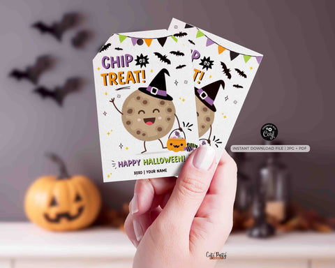 EDITABLE Chip or Treat Halloween Cookie Tag INSTANT DOWNLOAD Trick or Treat Bag Chocolate Chip Cookie Happy Halloween Party Favor Printable