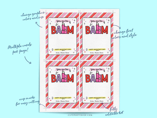 You're The Balm Valentine Gift Tag Printable INSTANT DOWNLOAD Lip balm holder, EDITABLE Lip Balm Valentine Card, Printable Kids Non-Candy