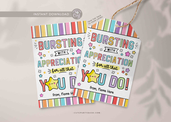Bursting Appreciation Editable Gift Tag Printable Star Staff Teacher Appreciation Week Team Member Volunteer Starburst tag INSTANT DOWNLOAD