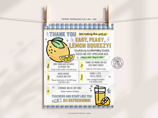 Easy Peasy Lemon Squeezy Teacher Appreciation Week Itinerary Printable Editable Lemon Themed Week Schedule Events Flyer INSTANT DOWNLOAD