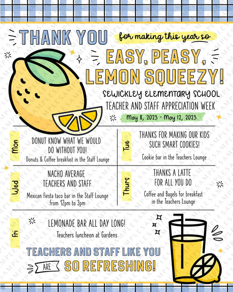 Easy Peasy Lemon Squeezy Teacher Appreciation Week Itinerary Printable Editable Lemon Themed Week Schedule Events Flyer INSTANT DOWNLOAD
