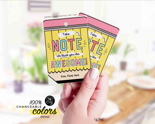 Take Note Tag Editable Teacher Appreciation Week Gift Tag Template Printable Notepad Thank You Tag You are Awesome INSTANT DOWNLOAD Notes