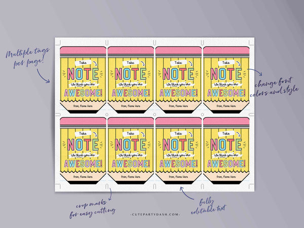 Take Note Tag Editable Teacher Appreciation Week Gift Tag Template Printable Notepad Thank You Tag You are Awesome INSTANT DOWNLOAD Notes