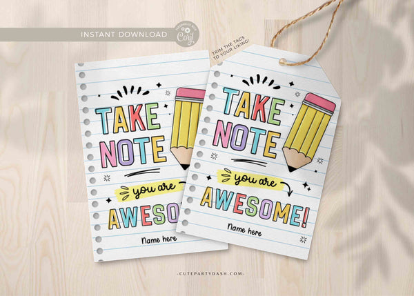 Take Note Tag Editable Teacher Appreciation Week Gift Tag Template Printable Notepad Thank You Tag You are Awesome INSTANT DOWNLOAD Pen gift