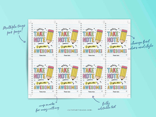 Take Note Tag Editable Teacher Appreciation Week Gift Tag Template Printable Notepad Thank You Tag You are Awesome INSTANT DOWNLOAD Pen gift