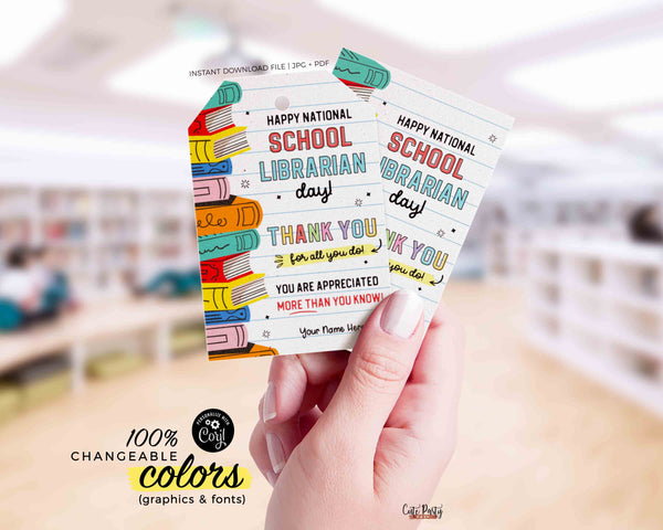 School Librarian Appreciation Gift Tag Printable Editable School Library Day Books Gift Tag Template Thank You Tag INSTANT DOWNLOAD