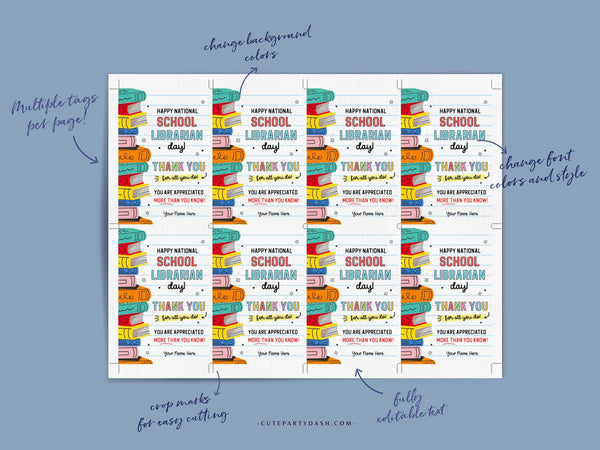 School Librarian Appreciation Gift Tag Printable Editable School Library Day Books Gift Tag Template Thank You Tag INSTANT DOWNLOAD