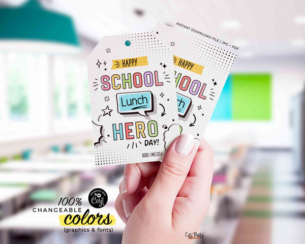 School Lunch Hero Day Appreciation Gift Tag Printable Lunch Hero Editable Thank You Tag Superhero Appreciation Card INSTANT DOWNLOAD
