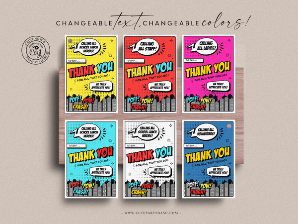School Lunch Hero Day Appreciation Gift Tag Printable Lunch Hero Editable Thank You Tag Superhero Appreciation Card INSTANT DOWNLOAD