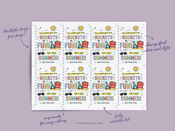 Buckets of fun Gift Tags Editable Have a Great Summer tag End of School Year Tags Template Printable Summer gift Last day INSTANT DOWNLOAD