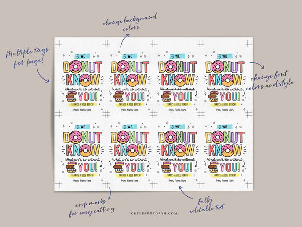Donut Appreciation Tag Donut Know What We Would Do EDITABLE Volunteer Teacher Staff School pto pta Appreciation Week INSTANT DOWNLOAD