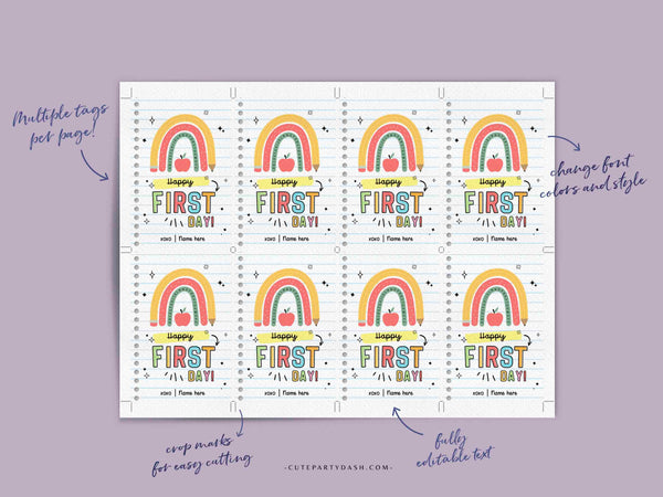 EDITABLE Happy First Day of School Gift Tag Printable Welcome Back To School treat Tag Rainbow Teacher 1st day of school INSTANT DOWNLOAD