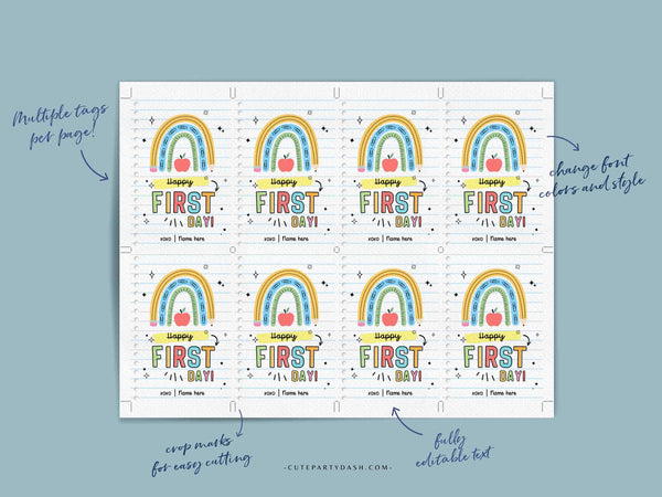 EDITABLE Happy First Day of School Gift Tag Printable Welcome Back To School treat Tag Rainbow Teacher 1st day of school INSTANT DOWNLOAD