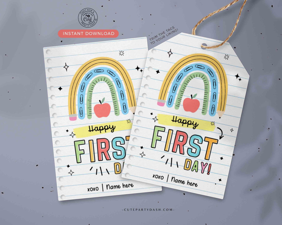Happy First Day Of School Rainbow Gift Tag Cute Party Dash happy-first-day-of-school-rainbow-gift-tag-cute-party-dash